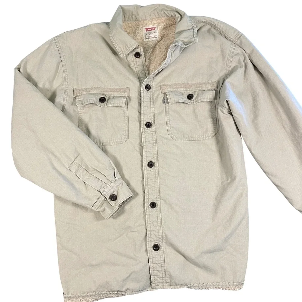 Levi's Sherpa Lined Beige Trucker Jacket Size Large Khaki Casual Shacket - Picture 1 of 10